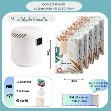 Combo 4-6 Túi Hút Chân Không Bảo Quản Quần Áo, Chăn Ga + Bơm Điện Giá Ưu Đãi 195k