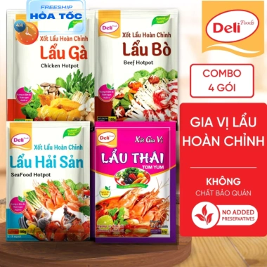Combo 4 gói gia vị lẩu Thái Tom Yum, bò, gà, hải sản Deli Foods 100g Giá 11.520đ