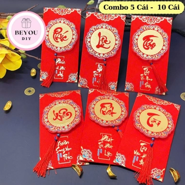 Combo 5-10 Bao Lì Xì Tết 4D Kim Tuyến In Nổi + Dây Tua Rua - Phong Bao Đỏ Cao Cấp BEYOU 38.000