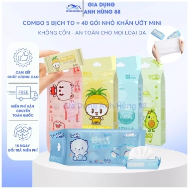 Combo 5 bịng to 40 gói khăn ướt mini tiện lợi đi chơi du lịch - Giá ưu đãi 66.400 VND