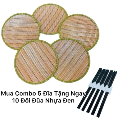 Combo 5 đĩa nhựa vân mây đan tre 22cm + 10 đũa - Đựng hoa quả, bún đậu, 119.000 VND
