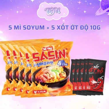Combo 5 gói mì cay Sasin kim chi và soyum 120g + xốt ớt độ 10g - Giảm tới 109k 5