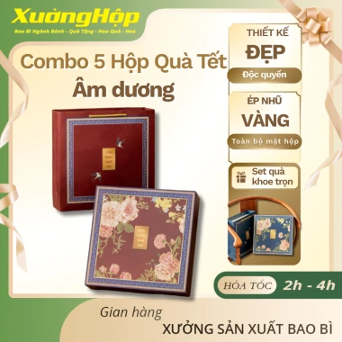 Combo 5 Hộp Đựng Quà Tết Âm Dương Hoa Xuân - Hộp Cứng Thành Quây, Kèm Túi Xách, Giá 555.000