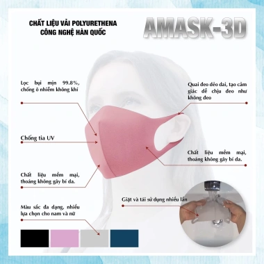 Combo 5 Khẩu Trang Đen 3D Hàn Quốc AMASK Chống Bụi Mịn Thời Trang Nam Nữ
