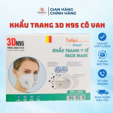 Combo 5 khẩu trang y tế 3D N95 Tulips ôm khít mũi, van thở, kháng khuẩn, 25.900₫