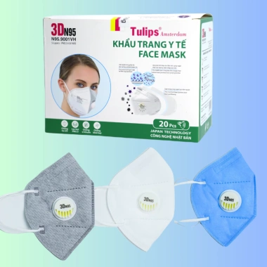 Combo 5 khẩu trang y tế 3D N95 Tulips ôm khít mũi, van thở, kháng khuẩn, 25.900₫
