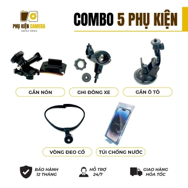 Combo 5 phụ kiện camera mini - gắn nón, ghi đông, ô tô, túi chống nước 80.000đ