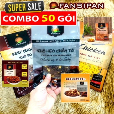 Combo 50 Gói Khô Bò Gà Heo Cháy Tỏi 50g Chính Hãng Fansipan - Giảm Giá 235k