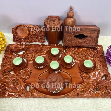Combo 6 món đồ gỗ mỹ nghệ mini Song Long: ấm chén, khay trà hương đỏ, hộp giấy, lọ tăm - Giá ưu đãi 630.000₫