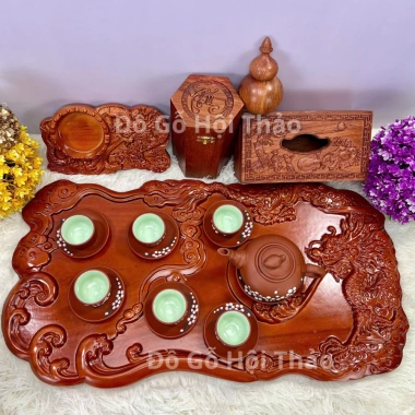 Combo 6 món đồ gỗ mỹ nghệ mini Song Long: ấm chén, khay trà hương đỏ, hộp giấy, lọ tăm - Giá ưu đãi 630.000₫ 6