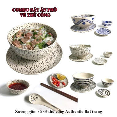 Combo Bát Tô Sứ Ăn Phở Vẽ Tay Thủ Công 17cm + Dĩa 18cm + Chén Sốt 8cm + Đĩa Chanh Ớt 9cm – Giá ưu đãi 190k