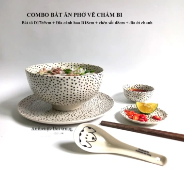 Combo Bát Tô Sứ Ăn Phở Vẽ Tay Thủ Công 17cm + Dĩa 18cm + Chén Sốt 8cm + Đĩa Chanh Ớt 9cm – Giá ưu đãi 190k