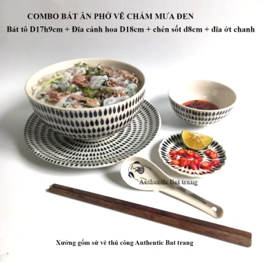 Combo Bát Tô Sứ Ăn Phở Vẽ Tay Thủ Công 17cm + Dĩa 18cm + Chén Sốt 8cm + Đĩa Chanh Ớt 9cm – Giá ưu đãi 190k