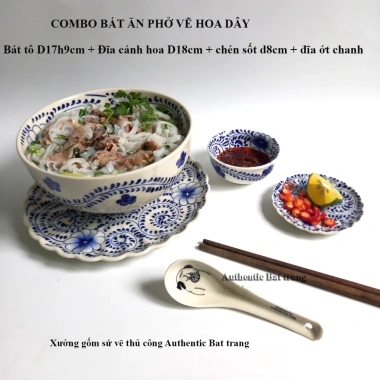 Combo Bát Tô Sứ Ăn Phở Vẽ Tay Thủ Công 17cm + Dĩa 18cm + Chén Sốt 8cm + Đĩa Chanh Ớt 9cm – Giá ưu đãi 190k