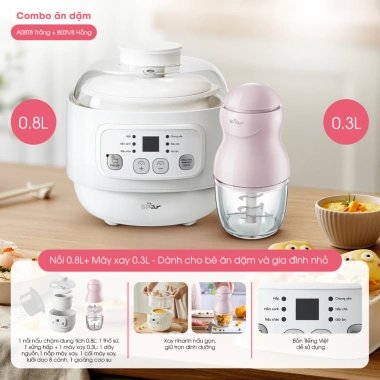 Combo BEAR A08T8 0.8L + B03V8 8 Lưỡi Nâng Cấp - Nấu Chậm, Xay Ăn Dặm Cho Bé