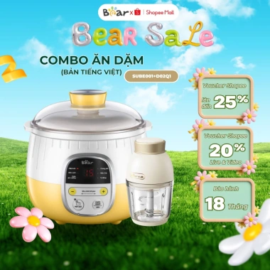 Combo Bear Nồi nấu chậm 0.8L + Chưng yến + Máy xay ăn dặm 0.6L D02Q1 – BH 18 tháng, 1.074.000₫