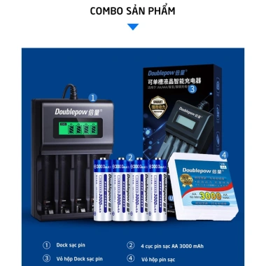 Combo bộ pin sạc Doublepow DP-K93B 4 viên + 4 viên AA 3.000mAh - Giá 119.000đ, giảm 35%