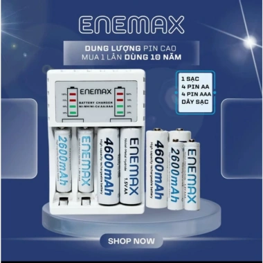 Combo Bộ Sạc nhanh ENEMAX tự ngắt an toàn, 4 PIN AA 4.600mAh, 4 PIN 2.600mAh - Dung lượng cao, sạc hơn 3.500 lần
