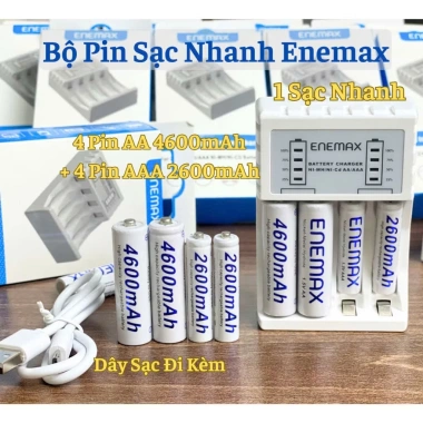 Combo Bộ Sạc nhanh ENEMAX tự ngắt an toàn, 4 PIN AA 4.600mAh, 4 PIN 2.600mAh - Dung lượng cao, sạc hơn 3.500 lần