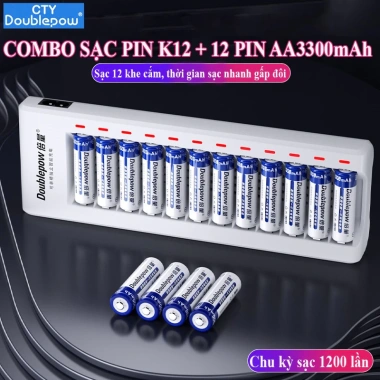 Combo Bộ Sạc Pin AA/AAA K12 12 Khe - Sạc Nhanh Tự Ngắt Dùng Karaoke Doublepow