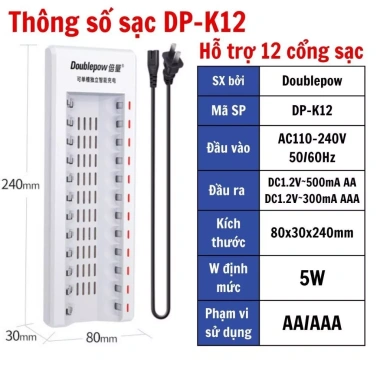 Combo Bộ Sạc Pin AA/AAA K12 12 Khe - Sạc Nhanh Tự Ngắt Dùng Karaoke Doublepow