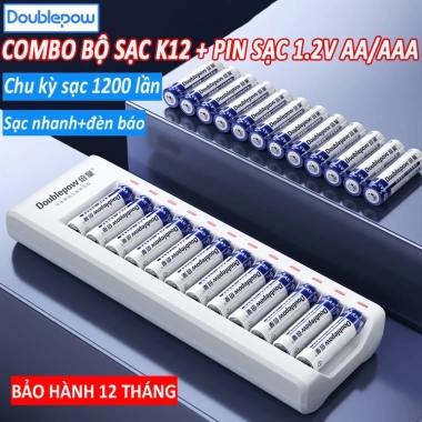 Combo Bộ Sạc Pin AA/AAA K12 12 Khe Sạc + Pin - Sạc Nhanh Tự Ngắt Karaoke Doublepow 278k