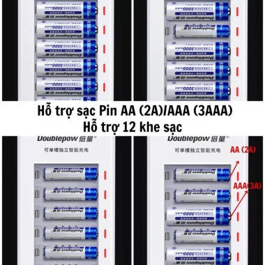 Combo Bộ Sạc Pin AA/AAA K12 12 Khe Sạc + Pin - Sạc Nhanh Tự Ngắt Karaoke Doublepow 278k