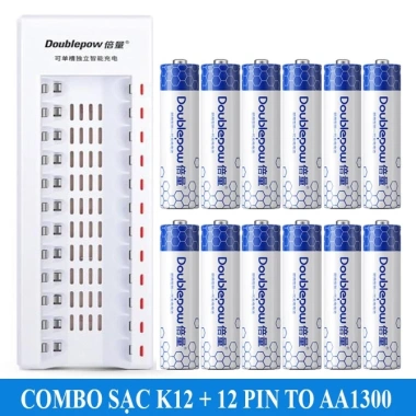 Combo Bộ Sạc Pin AA/AAA K12 12 Khe Sạc + Pin - Sạc Nhanh Tự Ngắt Karaoke Doublepow 278k
