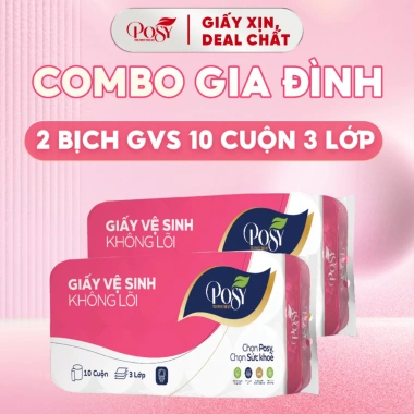 Combo gia đình 2 bịch Giấy vệ sinh Posy 10 cuộn 3 lớp, lõi mềm tan nhanh, giá 129.000₫