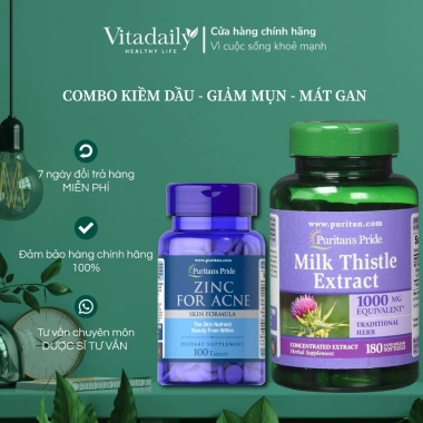 Combo Giảm Mụn Kiềm Dầu, Mát Gan Zinc + Milk Thistle Puritan's Pride Mỹ 519.000₫