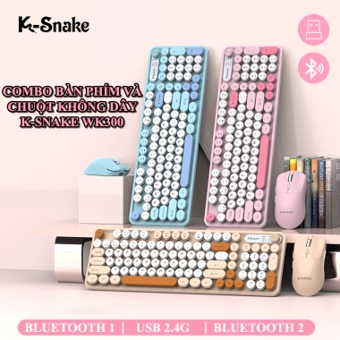 Combo K‑Snake WK300: Bàn phím & chuột không dây, nút tròn, 2.4G + Bluetooth, 554.000₫