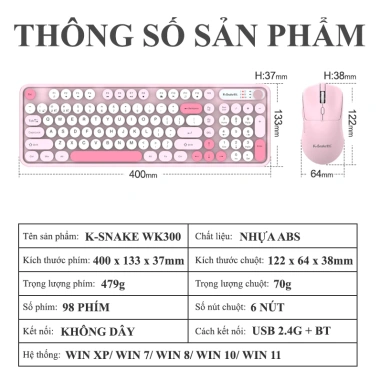 Combo K‑Snake WK300: Bàn phím & chuột không dây, nút tròn, 2.4G + Bluetooth, 554.000₫ 9 Combo K‑Snake WK300: Bàn phím & chuột không dây, nút tròn, 2.4G + Bluetooth, 554.000₫ 9