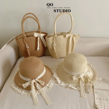 Combo Mũ Cói Mềm Vành Ren và Túi Cói Dệt Dày Dặn Chuẩn Đẹp Nữ QO STUDIO 107k