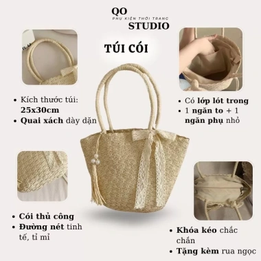 Combo Mũ Cói Mềm Vành Ren và Túi Cói Dệt Dày Dặn Chuẩn Đẹp Nữ QO STUDIO 107k