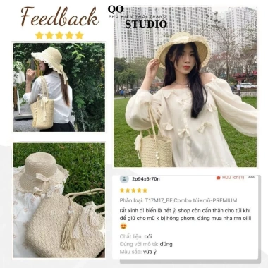 Combo Mũ Cói Mềm Vành Ren và Túi Cói Dệt Dày Dặn Chuẩn Đẹp Nữ QO STUDIO 107k