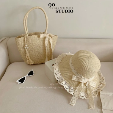 Combo Mũ Cói Mềm Vành Ren và Túi Cói Dệt Dày Dặn Chuẩn Đẹp Nữ QO STUDIO 107k