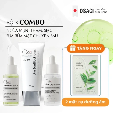 Combo Ngừa mụn & Thâm sẹo Osaci Hana Heal + Serum Luna Lush 20ml + Kem UmiSunBlock - 653.040₫