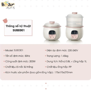 Combo Nồi Nấu Chậm Bear 0.8L + Máy Xay Ăn Dặm 0.3L - Giá 989.000đ cho bé 5