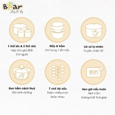 Combo Nồi Nấu Chậm Bear 1.6L và Máy Xay Ăn Dặm Bear 4H02S Tiết kiệm an toàn cho bé 6