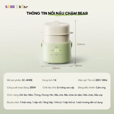 Combo Nồi Nấu Chậm BEAR 4H10E 1L + Máy Xay Ăn Dặm B03V8 0.3L - Tiết kiệm cho Mẹ Bé, Giá ưu đãi 1.153.000đ 5