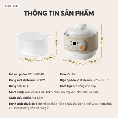 Combo Nồi Nấu Chậm Bear A08T8 0.8L + Máy Xay Ăn Dặm D02Q1 0.6L - Giá ưu đãi 1.115.000 VND