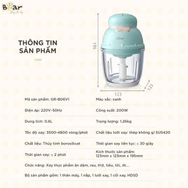 Combo Nồi Nấu Cháo Chậm Bear 4H10E 1L + Máy Xay Ăn Dặm B06V1 0,6L - 1.249.000₫