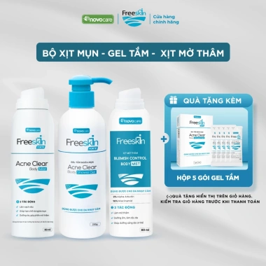 Combo Novocare Freeskin: Xịt mụn 80ml + Gel tắm ngừa mụn lưng 250ml + Xịt mờ thâm 80ml - Giá chỉ 580.000đ