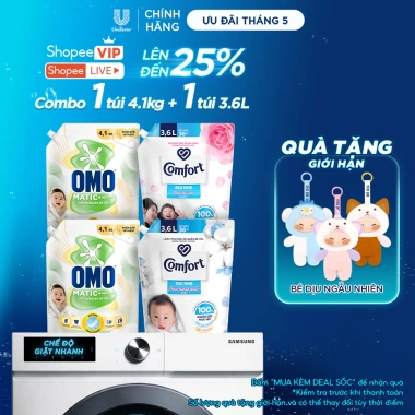 Combo Omo Matic 4,1kg + Comfort Xả Vải 3,6L - Giặt sạch bé yêu, giảm tới 21%