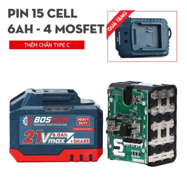 Combo Pin Sạc BOSHUN 15 Cell 21V 6.0Ah - Pin Lithium Dung Lượng Lớn, Cổng Type-C, Giá Ưu Đãi 425.000 VND 9