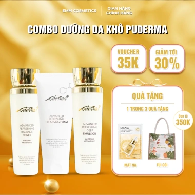 Combo Puderma da khô, da bong tróc – sữa rửa mặt, toner, sữa dưỡng phục hồi ẩm