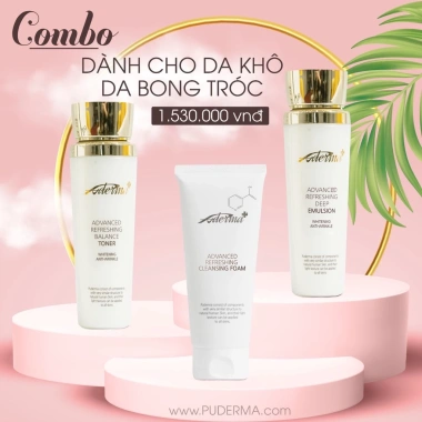 Combo Puderma da khô, da bong tróc – sữa rửa mặt, toner, sữa dưỡng phục hồi ẩm