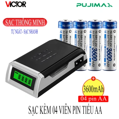 Combo Sạc Pin AA Tự Ngắt LCD K209 Đen + 04 Viên Pin A3.600mAh - Giá Ưu Đãi 262k