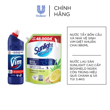 Combo Sạch Khuẩn Nhà Sunlight BIOSHIELD 3.4kg + Vim Diệt Khuẩn 880ml - 116k