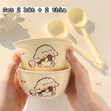 Combo Set Bát Sứ và Thìa Hình Chó Bông 2 Bát 2 Thìa Freeship Giá Ưu Đãi 120k 2